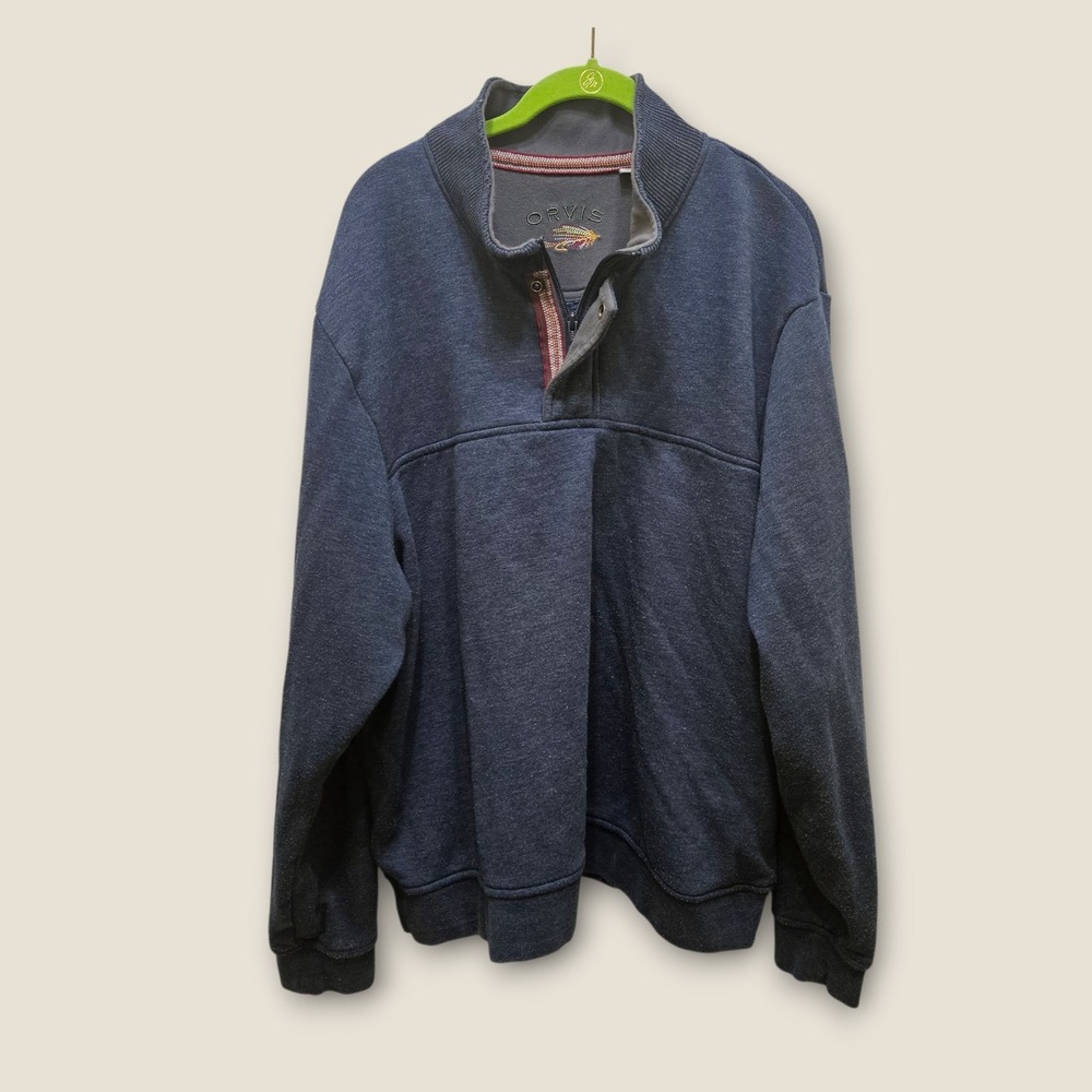 Orvis Mens XXL Blue Quarter Zip Snap Pullover Sweatshirt Fly Fishing Embroidered